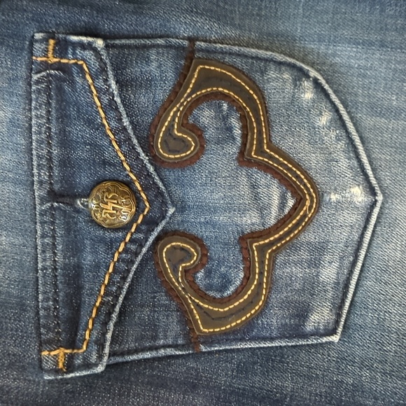 REROCK FOR EXPRESS Dark Blue Boot Cut Distressed Button Flap Pocket Jeans 4 - Picture 11 of 13